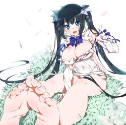 10s 1girl arm_ribbon barefoot black_hair blue_eyes blush breasts cleavage cleavage_cutout clothing_cutout dress dungeon_ni_deai_wo_motomeru_no_wa_machigatteiru_darou_ka feet feet_together flower foot_focus gloves hair_ornament hair_ribbon happy hestia_(danmachi) highres large_breasts legs long_hair looking_at_viewer niko_(tama) on_ground open_mouth rei_no_himo revision ribbon simple_background sitting smile soles solo toes twintails white_background white_dress white_gloves wiggling_toes rating:Questionable score:94 user:danbooru