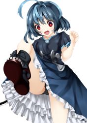  10s 1girl black_bullet blue_hair dress highres hiruko_kohina multicolored_hair open_mouth red_eyes short_hair short_sleeves solo sword weapon white_background  rating:Questionable score:12 user:dark.sheep