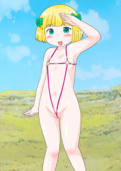  1girl blonde_hair blush dragon_quest dragon_quest_v hero&#039;s_daughter_(dq5) izumi_gakuen loli nipples open_mouth outdoors pussy shiny_skin square_enix swimsuit 