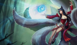  1girl ahri_(league_of_legends) animal_ears black_hair breasts cleavage detached_sleeves fox fox_ears fox_tail fur kienan_lafferty kitsune kyuubi large_breasts league_of_legends long_hair magic moon multiple_tails official_art solo tail  rating:Sensitive score:15 user:HolyLight