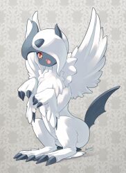  absol animal_focus artist_name blueberry_(5959) blush bright_pupils claws creatures_(company) fangs feathered_wings full_body fur_collar game_freak gen_3_pokemon grey_background hair_over_one_eye hands_up light_blush looking_at_viewer mega_absol mega_pokemon nintendo no_humans one_eye_covered open_mouth pokemon pokemon_(creature) red_eyes short_hair signature sitting solo teeth white_pupils white_wings wings 