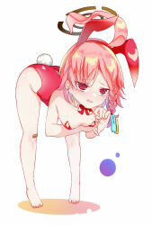  1girl ahoge animal_ears arm_under_breasts asymmetrical_bangs bandaid bandaid_on_knee bandaid_on_leg bare_arms bare_legs bare_shoulders barefoot bent_over blue_archive blush bow bowtie braid breasts collarbone colored_eyelashes commentary detached_collar downblouse earrings eyes_visible_through_hair fake_animal_ears fang foreshortening frown full_body halo highres huge_ahoge imoe_(1017933989) jewelry leotard looking_at_viewer mole mole_under_each_eye mole_under_eye multiple_moles neru_(blue_archive) neru_(bunny)_(blue_archive) nose_blush open_mouth parted_bangs playboy_bunny rabbit_ears rabbit_tail red_bow red_bowtie red_eyes red_hair red_leotard short_hair simple_background single_braid skin_fang slit_pupils small_breasts solo standing strapless strapless_leotard stud_earrings sweat tail thighs toes variant_set white_background 