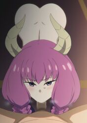  1boy 1girl :&gt;= all_fours ass aura_(sousou_no_frieren) back blue_eyes blush braid completely_nude demon_girl demon_horns fellatio hara_(harayutaka) highres horns long_hair looking_at_viewer low-tied_long_hair multiple_braids nude oral penis pink_hair pov pov_crotch sousou_no_frieren spread_legs twin_braids  rating:Explicit score:91 user:PuttHutt