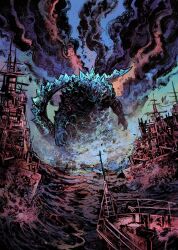 commentary english_commentary fire glowing glowing_eyes godzilla godzilla_(series) godzilla_minus_one kaijuu monster night no_humans outdoors scenery ship simple_background sky smoke standing tail toho vinartwork water watercraft