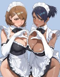  2girls alternate_costume apron back_bow black_bow black_bowtie black_dress blue_hair blush bow bowtie breasts brown_eyes brown_hair cleavage closed_mouth collarbone commentary cowboy_shot dark_blue_hair detached_collar dress earrings elbow_gloves english_commentary frilled_apron frilled_hairband frills gloves hair_behind_ear hair_between_eyes hair_ornament hairband hairclip heart heart_hands heart_hands_duo high_ponytail highres hintobento jewelry large_breasts lips looking_at_viewer maid maid_apron maid_headdress medium_hair multiple_girls nishiwaki_yuuko pearl_earrings persona persona_3 persona_3_reload pink_lips short_dress short_hair simple_background stud_earrings sweatdrop swept_bangs takeba_yukari thighs unconventional_maid white_apron white_bow white_gloves wide_hips  rating:Sensitive score:41 user:danbooru