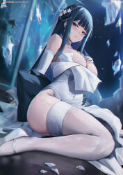  1girl absurdres ass black_hair blue_archive blue_eyes blue_hair blue_halo blush breasts choker cleavage closed_mouth colored_inner_hair dress earrings elbow_gloves gloves hair_ornament halo high_heels highres jewelry kuutamo large_breasts long_hair looking_at_viewer multicolored_hair official_alternate_costume saori_(blue_archive) saori_(dress)_(blue_archive) solo strapless strapless_dress thighhighs watermark web_address white_choker white_dress white_footwear white_gloves white_thighhighs 