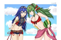 2girls arms_behind_back bare_shoulders bikini blue_eyes blue_hair breasts burns_tiger5 cleavage cloud fire_emblem fire_emblem_awakening fire_emblem_cipher fire_emblem_heroes food fruit green_eyes green_hair highres leaning_forward long_hair lucina lucina_(fire_emblem) lucina_(summer)_(fire_emblem) melon multiple_girls nintendo pointy_ears ponytail red_bikini small_breasts sonicheroxd stomach swimsuit thick_thighs thighs tiki_(adult)_(fire_emblem) tiki_(adult)_(summer)_(fire_emblem) tiki_(fire_emblem) watermelon