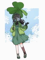  bow bowtie brown_hair clover dress four-leaf_clover gloves green_dress green_footwear green_jacket highres hojo_studio holding holding_umbrella jacket leaf_umbrella long_hair looking_to_the_side monochrome pointy_ears rie_ccat shoes sim_chan umbrella virtual_youtuber water_drop white_bow white_bowtie 