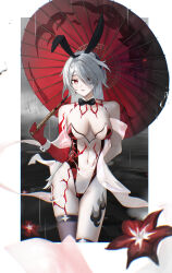  1girl absurdres acheron_(honkai:_star_rail) alternate_costume animal_ears arm_behind_back asymmetrical_legwear bare_shoulders black_bow black_bowtie black_thighhighs body_markings bow bowtie breasts chromatic_aberration cleavage collar colored_extremities commentary covered_navel detached_collar eyes_visible_through_hair fake_animal_ears flower hair_intakes hair_ornament hair_over_one_eye highleg highleg_leotard highres holding holding_umbrella honkai:_star_rail honkai_(series) large_breasts leg_tattoo leotard looking_at_viewer lucien_tube official_alternate_color oil-paper_umbrella parted_lips playboy_bunny rabbit_ears rain red_eyes red_flower red_hands red_leotard see-through see-through_leotard skindentation solo strapless strapless_leotard tattoo thighhighs thighs two-tone_leotard umbrella white_collar white_hair white_leotard white_wrist_cuffs wrist_cuffs 