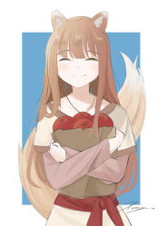  1girl absurdres animal_ear_fluff animal_ears apple bag blue_background blush border brown_hair closed_eyes commentary cowboy_shot crossed_arms fang food fruit grocery_bag highres holo long_hair looking_at_viewer outside_border penguin_sensei_(artist) shopping_bag signature sketch smile solo spice_and_wolf tail white_border wolf wolf_ears wolf_girl wolf_tail 