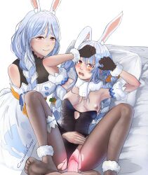  1boy 2girls absurdres animal_ear_fluff animal_ears artist_name black_bodysuit black_leotard black_pantyhose blue_hair bodysuit bodysuit_under_clothes braid braided_ponytail breasts carrot_hair_ornament commentary detached_sleeves don-chan_(usada_pekora) dress embarrassed english_commentary feet ffm_threesome food-themed_hair_ornament fuckodilec fur-trimmed_gloves fur_trim gloves group_sex hair_between_eyes hair_ornament hand_on_another&#039;s_stomach hetero highres hololive large_breasts leotard long_hair looking_at_viewer lying mature_female mother_and_daughter multicolored_hair multiple_girls nipples on_back one_breast_out oyakodon_(sex) pantyhose pekomama penis rabbit_ears rabbit_girl rabbit_tail red_eyes sex short_eyebrows small_breasts tail thick_eyebrows threesome torn_clothes torn_pantyhose twin_braids two-tone_hair uncensored usada_pekora vaginal virtual_youtuber white_dress white_hair white_sleeves 