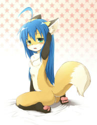  00s 1girl ahoge animal_ears animal_hands antenna_hair arms_up ass back bad_id bad_pixiv_id barefoot bed_sheet blue_hair blush breasts fang feet flat_chest fox fox_ears fox_tail furrification furry furry_female green_eyes izumi_konata kagerofu kneeling long_hair looking_at_viewer lucky_star mole mole_under_eye nude open_mouth pawpads soles solo star_(symbol) sweat sweatdrop tail toes  rating:Questionable score:148 user:i_am_gundam