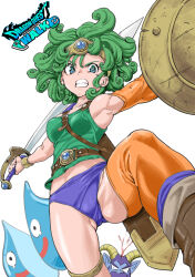  1girl bare_shoulders blue_eyes breasts camisole circlet clenched_teeth curly_hair dragon_quest dragon_quest_iv green_hair hashiguchi_takashi heroine_(dq4) highres holding holding_shield holding_sword holding_weapon looking_at_viewer panties purple_panties shield short_hair slime_(dragon_quest) small_breasts solo sword teeth underwear weapon 