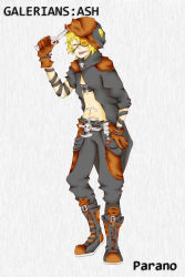  1boy blade blonde_hair boots brown_eyes clothes full_body galerians galerians:_ash gloves hat jacket knife male_focus pants parano_(galerians) shoes short_hair simple_background solo standing teeth weapon 