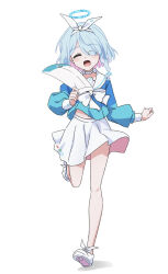  1girl :d arona_(blue_archive) bare_legs blue_archive blue_bow blue_bowtie blue_hair blue_halo blue_shirt blush bow bowtie braid choker closed_eyes colored_inner_hair commentary_request envelope full_body hair_bow hair_over_one_eye hairband halo hand_up happy highres holding holding_envelope kanata_mako leg_up long_sleeves miniskirt multicolored_hair navel open_mouth pink_hair pleated_skirt sailor_collar sailor_shirt school_uniform shirt shoes short_hair simple_background single_braid skirt smile sneakers soles solo standing standing_on_one_leg walking white_background white_bow white_choker white_footwear white_hairband white_sailor_collar white_shirt 