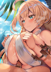 1boy 1girl ahoge bare_shoulders belko bikini blonde_hair blue_eyes blue_sky blush bracelet breasts breasts_squeezed_together censored character_request cleavage closed_mouth copyright_request cum cum_on_body cum_on_breasts cum_on_upper_body day halterneck hetero highres huge_breasts jewelry long_hair mosaic_censoring paizuri palm_tree penis pubic_hair sky smile swimsuit tree white_bikini rating:Explicit score:120 user:danbooru