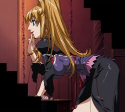 1girl arm_support ass bent_over blonde_hair blue_eyes breasts choujuushin_gravion from_behind highres legs long_hair medium_breasts ponytail red_lips skirt smile solo stitched tachibana_mizuki thighs third-party_edit