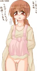 1girl apron blush brown_eyes brown_hair cleft_of_venus clothes_lift dress dress_lift housewife ikkyuu mature_female no_panties oekaki pussy simple_background solo thigh_gap translation_request uncensored rating:Explicit score:14 user:Tom23