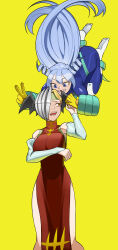  2girls absurdres blue_eyes blue_hair bodysuit boku_no_hero_academia dress elbow_gloves gloves hadou_nejire hair_horns head_wings highres holding_hands incredibly_absurdres koyap long_hair looking_at_another multiple_girls open_mouth red_dress ryuukyuu simple_background sleeveless_turtleneck_dress smile v wings yellow_background  rating:General score:11 user:danbooru