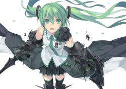  1girl 2no armor bad_id bad_pixiv_id bare_shoulders black_thighhighs detached_sleeves dual_wielding floating_hair from_above gauntlets greaves green_eyes green_hair hatsune_miku holding long_hair looking_up matching_hair/eyes mecha_musume mechanical_arms mechanical_parts medal necktie ninomoto open_mouth pleated_skirt revision science_fiction shield single_mechanical_arm skirt solo sword tattoo thighhighs twintails vocaloid weapon zettai_ryouiki 