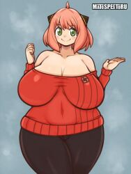  1girl aged_up anya_(spy_x_family) artist_name breasts curvy female_focus green_eyes hair_horns highres huge_breasts impossible_clothes impossible_shirt mato_spectoru navel pink_hair plump red_sweater sagging_breasts shirt short_hair smile solo spy_x_family sweater tagme thick_thighs thighs wide_hips 