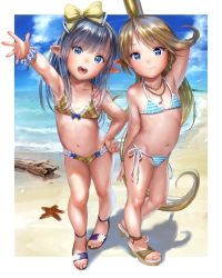 10s 2girls anklet arm_up armpits asakuraf bad_id bad_twitter_id bare_shoulders beach bikini black_hair blonde_hair blue_bikini blue_eyes blue_sky blush bracelet charlotta_(granblue_fantasy) cloud commentary_request crown day feet flat_chest frilled_bikini frills full_body granblue_fantasy hair_ribbon hairband hand_on_own_hip harvin highres jewelry lilulu loli long_hair looking_at_viewer multiple_girls navel necklace ocean open_mouth outdoors pointy_ears ribbon sand sandals side-tie_bikini_bottom sky smile standing striped_bikini striped_clothes swimsuit toes very_long_hair water yellow_bikini rating:Sensitive score:300 user:danbooru