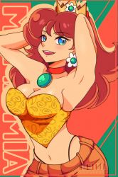  1girl arms_behind_head arms_up black_panties blue_eyes blush breasts brown_hair choker cleavage collarbone cresscin crown earrings flower flower_earrings highleg highleg_panties highres jewelry large_breasts long_hair looking_at_viewer mario_(series) midriff navel nintendo open_mouth orange_shorts panties princess princess_daisy red_background shirt shorts smile standing strapless super_mario_land teeth tube_top underwear yellow_shirt  rating:Sensitive score:27 user:cpee