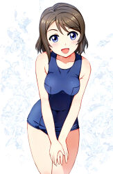  1girl blue_eyes blue_one-piece_swimsuit breasts brown_hair commentary_request cowboy_shot hand_on_own_thigh highres looking_at_viewer love_live! love_live!_sunshine!! medium_breasts neopure old_school_swimsuit one-piece_swimsuit school_swimsuit short_hair smile solo swimsuit watanabe_you white_background 