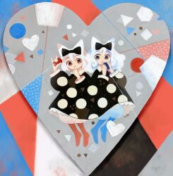  2girls :o absurdres acrylic_gouache_(medium) animal_ears binzoko_paroma black_background black_bow black_dress bloomers blue_background blue_eyes blue_pantyhose bow brown_eyes collared_dress commentary commentary_request dress english_commentary finger_to_mouth gouache_(medium) hair_bow hands_up heart heart_background highres holding long_hair long_sleeves looking_at_viewer medium_hair mixed-language_commentary multicolored_background multiple_girls open_mouth orange_pantyhose original painting_(medium) pantyhose polka_dot polka_dot_dress puffy_long_sleeves puffy_sleeves red_background short_hair string_phone traditional_media triangle underwear white_hair 