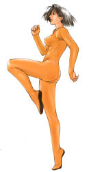  1girl bodysuit breasts brown_hair copyright_request from_side full_body grey_hair jan_kyousuke kyoukai leg_up medium_breasts orange_bodysuit short_hair simple_background skin_tight solo standing standing_on_one_leg tiptoes white_background 