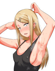  10s 1girl armpits arms_behind_head arms_up blonde_hair blush breasts brown_eyes dagashi_kashi ear_piercing endou_saya covered_erect_nipples fang hair_ornament long_hair open_mouth ozyasadayo sideboob small_breasts smell solo sweat tank_top upper_body  rating:Questionable score:97 user:Siesta34