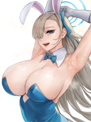  absurdres animal_costume armpits arms_up asuna_(blue_archive) asuna_(bunny)_(blue_archive) blue_archive blue_bow blue_bowtie blue_eyes blush bow bowtie breasts hair_between_eyes hair_over_one_eye highres huge_breasts leotard long_hair mole mole_on_breast mute_(mute89539160) open_mouth playboy_bunny rabbit_ears ribbon silver_hair simple_background solo sweat sweatdrop traditional_bowtie very_long_hair white_background  rating:Questionable score:105 user:MFLover12