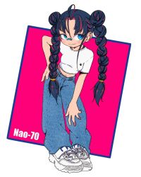  1girl artist_name bandaid bandaid_on_face bandaid_on_nose blue_eyes blue_pants braid breasts closed_mouth cropped_shirt denim full_body hand_on_own_hip highres jeans looking_at_viewer midriff multicolored_hair nao97122 navel original outside_border pants parted_bangs shirt shoes short_sleeves small_breasts sneakers solo standing streaked_hair twin_braids white_footwear white_shirt 