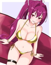  1girl bikini blush breasts cleavage gold_bikini gold_bracelet hair_intakes hair_ribbon highres large_breasts long_hair looking_at_viewer navel ponytail purple_hair red_eyes ribbon roy_rx slit_pupils smile solo swimsuit under_night_in-birth very_long_hair yuzuriha_(under_night_in-birth) 