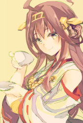  10s 1girl ahinibo ahoge bad_id bad_pixiv_id bare_shoulders brown_hair close-up cup detached_sleeves hairband kantai_collection kongou_(kancolle) long_hair nontraditional_miko simple_background sketch smile solo teacup yellow_background 