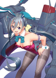  1girl adapted_costume ahoge animal_ears aqua_bow aqua_bowtie bow bowtie breasts detached_collar fake_animal_ears feet_out_of_frame fishnet_pantyhose fishnets grey_eyes grey_hair grey_pantyhose hair_between_eyes hair_bun hair_ribbon kantai_collection kiyoshimo_(kancolle) leaning_forward leotard long_hair low_twintails machinery moke_ro pantyhose playboy_bunny purple_leotard rabbit_ears ribbon simple_background single_hair_bun small_breasts solo strapless strapless_leotard thighband_pantyhose twintails white_background wrist_cuffs yellow_ribbon 