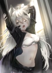  1girl absurdres animal_ear_fluff animal_ears arknights arm_up bandeau black_coat black_shorts bloom breasts cleavage coat commentary_request cowboy_shot grey_eyes groin hair_between_eyes hair_ornament hairclip hand_on_own_arm highres lappland_(arknights) light_particles long_hair long_sleeves looking_at_viewer medium_breasts midriff navel one_eye_closed open_clothes open_coat open_mouth outstretched_arm partial_commentary scar scar_across_eye short_shorts shorts solo standing stretching twitter_username watermark white_bandeau white_hair wolf_ears wolf_girl yawning yukeyf 