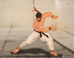  1boy absurdres bara beard black_hair elevin9 facial_hair facing_to_the_side fighting_stance full_body hadouken headband highres large_pectorals legs_apart male_focus mature_male muscular muscular_male nipples pectorals powering_up ryu_(street_fighter) sandals serious short_hair solo street_fighter street_fighter_6 thick_eyebrows thick_thighs thighs topless_male zouri  rating:Sensitive score:2 user:danbooru