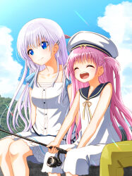  2girls :d ^_^ arms_at_sides bare_arms blue_eyes blue_sailor_collar blue_sky blunt_ends blush bright_pupils closed_eyes closed_mouth cloud collarbone commentary_request cumulonimbus_cloud day dress eyes_visible_through_hair feet_out_of_frame fishing fishing_rod gomasho_asuka hair_behind_ear hair_between_eyes hair_ornament hairclip happy hat highres holding holding_fishing_rod katou_umi long_hair multiple_girls naruse_shiroha open_mouth outdoors pink_hair ribbon sailor_collar sailor_dress sailor_hat short_dress short_sleeves sidelocks sitting sky sleeveless sleeveless_dress smile split_mouth straight_hair summer_pockets sunlight teeth twitter_username two_side_up upper_teeth_only very_long_hair white_dress white_hair white_hat yellow_ribbon 
