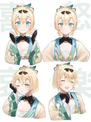  1girl :d absurdres ahoge angry annoyed black_gloves black_hairband blonde_hair blue_eyes blush breasts cleavage clenched_hand clenched_hands closed_mouth commentary cropped_torso expressions closed_eyes fingerless_gloves furrowed_brow gloves hair_between_eyes hair_intakes hair_ornament hairband hakama highres hololive japanese_clothes kazama_iroha laughing leaf_hair_ornament looking_at_viewer medium_breasts multiple_views one_eye_closed open_mouth ponytail sarashi short_hair simple_background smile squiggle tearing_up tears translated upper_body v-shaped_eyebrows virtual_youtuber white_background wide_sleeves yoshioka_(today_is_kyou)  rating:Sensitive score:5 user:danbooru