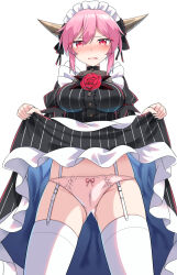  1girl :s alternate_costume black_dress blue_dress blush cameltoe cleft_of_venus commentary_request cone_horns cowboy_shot dress e.o. embarrassed enmaided fingernails flower garter_straps gluteal_fold highres horns ibaraki_douji&#039;s_arm looking_at_viewer maid maid_headdress nose_blush open_mouth panties pink_eyes pink_hair pink_panties red_flower red_rose rose sharp_fingernails short_hair solo striped_clothes striped_dress tearing_up thighhighs touhou touhou_lostword two-sided_dress two-sided_fabric underwear v-shaped_eyebrows vertical-striped_clothes vertical-striped_dress vine_print white_thighhighs 