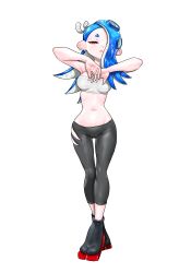  1girl blue_hair cameltoe chest_sarashi ear_piercing facing_viewer full_body geta gluteal_fold hair_over_one_eye koharu2.5 looking_at_viewer makeup mascara nintendo octoling_player_character pants parted_lips piercing pointy_ears sarashi shiver_(splatoon) socks solo splatoon_(series) splatoon_3 standing tentacle_hair torn_clothes torn_pants white_background 