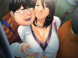 black_hair breasts chikan_ganbou cleavage fat fat_man grabbing grabbing_another&#039;s_breast groping jewelry large_breasts mature_female molestation necklace oda_non otaku public_indecency train train_interior rating:Explicit score:81 user:Anonymous