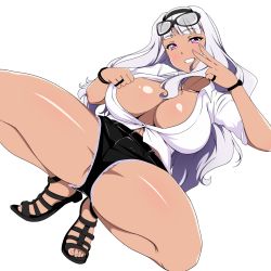 1girl absurdres breasts cleavage eyewear_on_head glasses headband highres idolmaster idolmaster_(classic) jabara_tornado large_breasts long_hair nail_polish open_clothes open_shirt purple_eyes sandals shijou_takane shirt short_shorts shorts silver_hair simple_background smile solo spread_legs squatting tan toes v white_background rating:Questionable score:76 user:danbooru