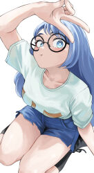  1girl absurdres alternate_costume blue_eyes blue_hair blue_shorts boku_no_hero_academia casual fengling_(furin-jp) glasses hadou_nejire hand_up highres long_hair looking_at_viewer pout round_eyewear shirt shorts solo squatting t-shirt v white_background white_shirt 