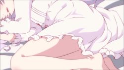  1girl animated animated_gif cameltoe cleft_of_venus closed_eyes dress gyuunyuu_nomio loli long_hair on_bed open_mouth panties sleeping solo tagme underwear white_hair  rating:Questionable score:112 user:janime