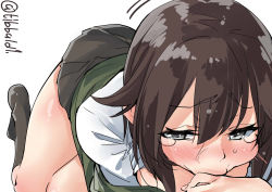  1girl bad_id bad_twitter_id black_eyes black_socks blush breasts breasts_out brown_hair brown_skirt ebifurya hair_between_eyes hair_flaps hayasui_(kancolle) inactive_account kantai_collection kneehighs lying medium_breasts no_shoes on_side sexually_suggestive short_hair simple_background skirt socks solo_focus sweat tears twitter_username white_background  rating:Questionable score:13 user:danbooru