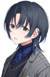  1girl absurdres black_sweater blue_eyes blue_hair blue_shirt collared_shirt curtained_hair dark_blue_hair earclip formal glint grey_suit highres hiodoshi_ao hololive hololive_dev_is jewelry koeru_(kiyomiya_shizuka) looking_at_viewer mole mole_under_mouth necklace parted_lips portrait shirt short_hair simple_background solo striped_suit suit sweater virtual_youtuber white_background 