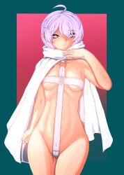  crotch_strap doekuramori highres looking_at_viewer martyr_(the_citadel) purple_eyes purple_hair revealing_clothes simple_background the_citadel white_hood  rating:Questionable score:7 user:Hxkx