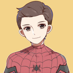  1boy animification black_eyes bodysuit brown_hair commentary english_commentary hair_behind_ear male_focus marvel marvel_cinematic_universe peter_parker portrait red_bodysuit smile solo spider-man spider_web_print tojo_haku yellow_background 